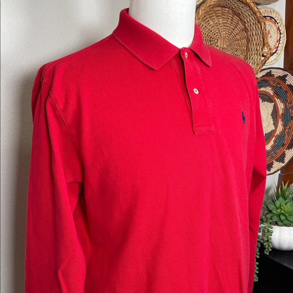 Mens Polo Ralph Lauren Long Sleeve Polo Henley Shirt Red Blue Pony Size Large